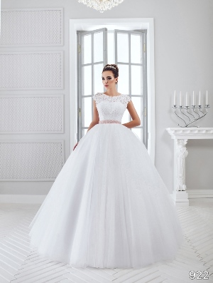 Wedding Dress - Sans Pareil Bridal Collection 2016: 922 - Cap-sleeve net ball gown with re-embroidered lace appliques and accent color waistband | SansPareil Bridal Gown