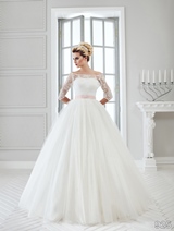 Bridal Dress: Sans Pareil Bridal Collection 2016: 925 - Sheer off-the-shoulder lace three-fourth sleeves with gathered ball gown 