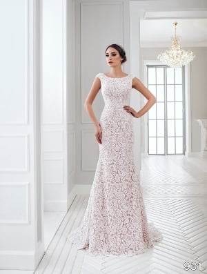 Wedding Dress - Sans Pareil Bridal Collection 2016: 931 - Uniform all-over-lace appliques on capsleeve column gown | SansPareil Bridal Gown