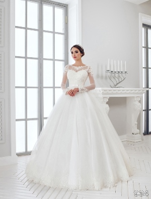 Wedding Dress - Sans Pareil Bridal Collection 2016: 934 - Full-sleeve ball gown with lace trimmed sheer neckline and lace appliques on shoulder | SansPareil Bridal Gown