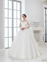 Bridal Dress: Sans Pareil Bridal Collection 2016: 934 - Full-sleeve ball gown with lace trimmed sheer neckline and lace appliques on shoulder 