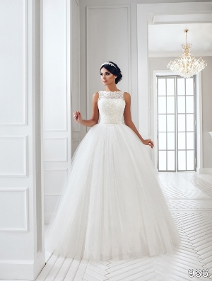 Wedding Dress - Sans Pareil Bridal Collection 2016: 936 - Illusion re-embroidered lace appliques on sleeveless net ball gown | SansPareil Bridal Gown