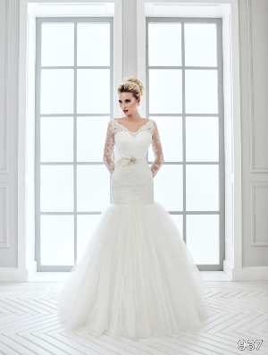 Wedding Dress - Sans Pareil Bridal Collection 2016: 937 - Fit and flare lace and satin gown with lace sleeves and embellished waistband | SansPareil Bridal Gown