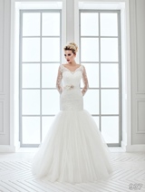 Bridal Dress: Sans Pareil Bridal Collection 2016: 937 - Fit and flare lace and satin gown with lace sleeves and embellished waistband 