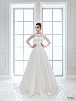 Wedding Dress - Sans Pareil Bridal Collection 2016: 938 - Crystal and rhinestone encrusted lace appliques on illusion yoke satin A-line gown | SansPareil Bridal Gown