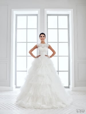 Wedding Dress - Sans Pareil Bridal Collection 2016: 939 - Opulent lace embellished illusion top meets ruffled tiered skirt | SansPareil Bridal Gown