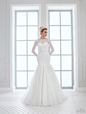 Wedding Dress - Sans Pareil Bridal Collection 2016: 940 - Textured illusion fit and flare gown with full-length sleeves and pleated skirt | SansPareil Bridal Gown