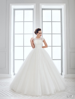 Wedding Dress - Sans Pareil Bridal Collection 2016: 941 - Scintillating bodice and cap sleeve gown with sheer stretch yoke and ball gown skirt | SansPareil Bridal Gown