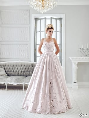 Wedding Dress - Sans Pareil Bridal Collection 2016: 944 - Black and white flecks on pastel pink A-line dress with eyelet stitch floral motifs on skirt | SansPareil Bridal Gown