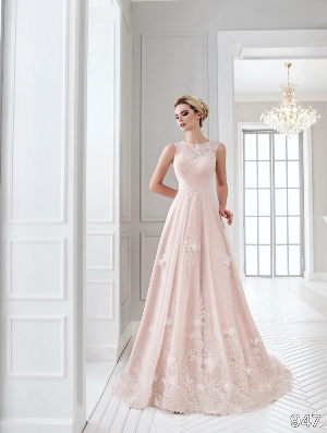Wedding Dress - Sans Pareil Bridal Collection 2016: 947 - Soft pink wedding dress with lace flower embellishments on sleeveless A-line dress | SansPareil Bridal Gown