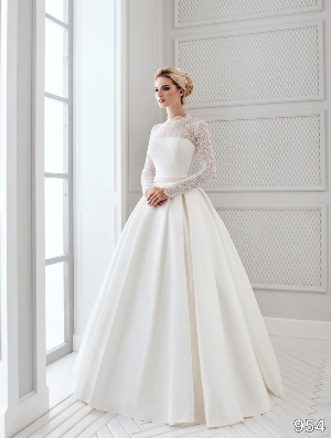 Wedding Dress - Sans Pareil Bridal Collection 2016: 954 - Fully embroidered full-length lace sleeves with covered neckline and A-line skirt | SansPareil Bridal Gown