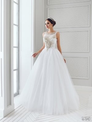 Wedding Dress - Sans Pareil Bridal Collection 2016: 955 - Illusion stretch yoke with ornate silver lace motif on ball gown | SansPareil Bridal Gown