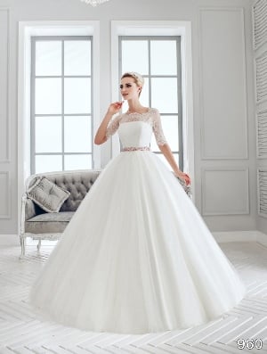 Wedding Dress - Sans Pareil Bridal Collection 2016: 960 - Airy lace illusion half-sleeve gown with shimmering waistband and ball gown skirt | SansPareil Bridal Gown