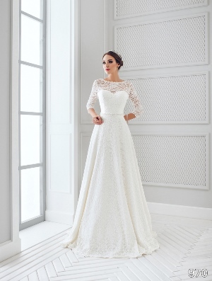 Wedding Dress - Sans Pareil Bridal Collection 2016: 970 - All-over lace over satin wedding dress with illusion sleeves and scintillating waistband | SansPareil Bridal Gown