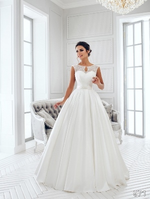 Wedding Dress - Sans Pareil Bridal Collection 2016: 971 - Satin and lace cap-sleeve A-line dress with keyhole neckline detail | SansPareil Bridal Gown