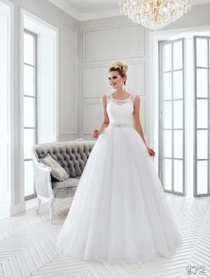 Wedding Dress - Sans Pareil Bridal Collection 2016: 972 - Delightful illusion with soft floral lace yoke over layered A-line wedding dress | SansPareil Bridal Gown