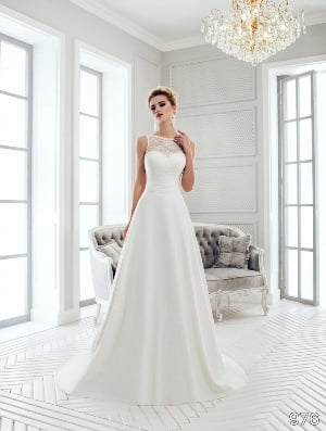 Wedding Dress - Sans Pareil Bridal Collection 2016: 976 - Lace and satin A-line dress with illusion neckline and ruched waistband | SansPareil Bridal Gown