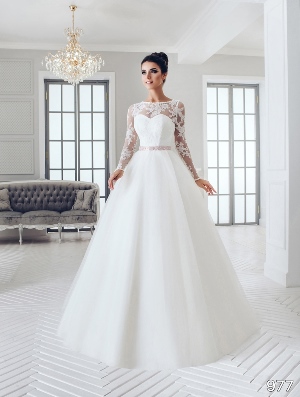 Wedding Dress - Sans Pareil Bridal Collection 2016: 977 - Bold floral appliques form illusion neckline and full length sleeves on layered A-line skirt | SansPareil Bridal Gown