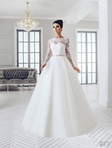 Bridal Dress: Sans Pareil Bridal Collection 2016: 977 - Bold floral appliques form illusion neckline and full length sleeves on layered A-line skirt 