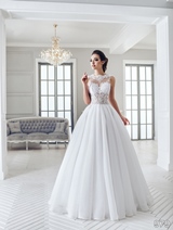 Bridal Dress: Sans Pareil Bridal Collection 2016: 979 - Re-embroidered lace appliques form illusion necklace and adorn see-through bodice with A-line skirt 