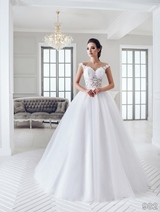 Bridal Dress: Sans Pareil Bridal Collection 2016: 982 - Flower lace applique-encrusted sheer yoke and shoulder straps with elaborate ball gown skirt 