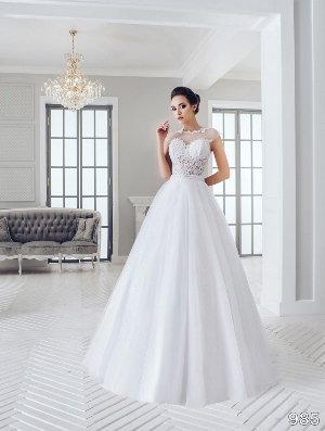 Wedding Dress - Sans Pareil Bridal Collection 2016: 985 - Lace trimmed neckline and bold appliques in sheer bodice of modern A-line wedding dress | SansPareil Bridal Gown