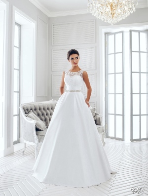 Wedding Dress - Sans Pareil Bridal Collection 2016: 987 - Sleeveless illusion lace yoke over silky satin A-line skirt | SansPareil Bridal Gown