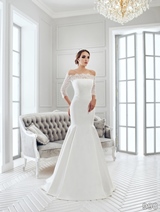 Bridal Dress: Sans Pareil Bridal Collection 2016: 990 - Off-the-shoulder illusion lace three-fourth sleeves over fit and flare satin gown 