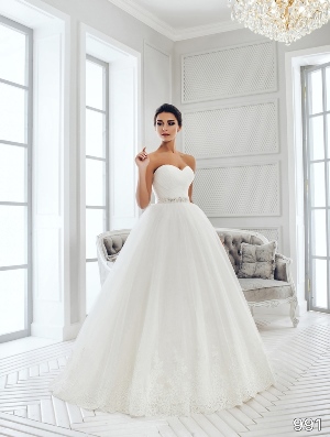 Wedding Dress - Sans Pareil Bridal Collection 2016: 991 - Asymmetrical ruched strapless bodice on ball gown with lace hemline | SansPareil Bridal Gown