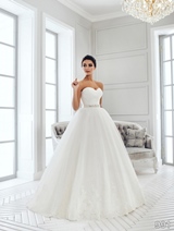Bridal Dress: Sans Pareil Bridal Collection 2016: 991 - Asymmetrical ruched strapless bodice on ball gown with lace hemline 