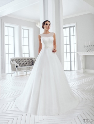 Wedding Dress - Sans Pareil Bridal Collection 2016: 995 - Scintillating illusion bodice with crystal embellishments on satin A-line wedding dress | SansPareil Bridal Gown