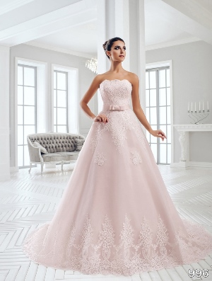 Wedding Dress - Sans Pareil Bridal Collection 2016: 996 - Bold embroidered lace appliques on light pink strapless wedding dress | SansPareil Bridal Gown