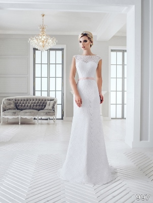 Wedding Dress - Sans Pareil Bridal Collection 2016: 997 - Majestic illusion cap-sleeve wedding dress with colored waistband detail | SansPareil Bridal Gown