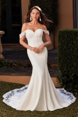 Bridal Dress: Sophia Tolli Bridal Collection - Y3113 - Modern Crepe Wedding Dress With Laser Cut Train