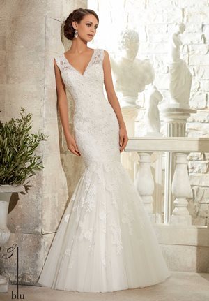 Wedding Dress - Mori Lee Blue SPRING 2015 Collection: 5313 - CRYSTAL BEADED ALENCON LACE APPLQUES ON TULLE | MoriLee Bridal Gown