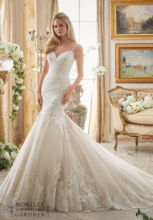 Wedding Dress - Mori Lee Bridal FALL 2016 Collection: 2871 - Alencon Lace Appliques on Tulle with Wide Scalloped Hemline | MoriLee Bridal Gown