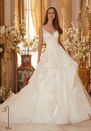 Wedding Dress - Mori Lee Blue FALL 2016 Collection: 5465 - Crystal Beaded Straps Meet Embroidered Appliques on Flounced, Organza Ball Gown  | MoriLee Bridal Gown