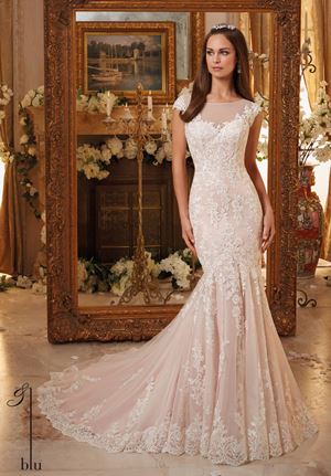 Wedding Dress - Mori Lee Blue FALL 2016 Collection: 5466 - Vintage Embroidered Lace on Soft Net Gown with Scalloped Hemline | MoriLee Bridal Gown