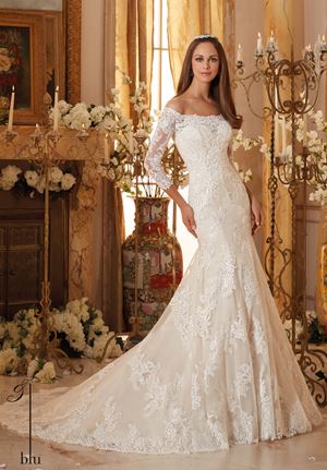 Wedding Dress - Mori Lee Blue FALL 2016 Collection: 5477 - Chantilly and Embroidered Lace Appliques on Soft Tulle with Scalloped Hemline  | MoriLee Bridal Gown
