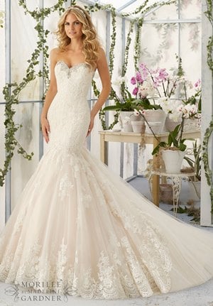 Wedding Dress - Mori Lee Bridal SPRING 2016 Collection: 2804 - Crystal Beaded Embroidery Meets the Cascading Alencon Lace Appliques and Scalloped Hemline Edging the Tulle Train Inset | MoriLee Bridal Gown