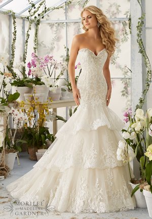 Wedding Dress - Mori Lee Bridal SPRING 2016 Collection: 2810 - Crystal Moonstone Beading Meets Alencon Lace Appliques and Scalloped Edging onto the Tiered Tulle Gown | MoriLee Bridal Gown