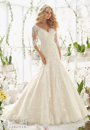 Wedding Dress - Mori Lee Bridal SPRING 2016 Collection: 2812 - Alencon Lace Appliques on Net Frosted with Delicate Beading and Scalloped Hemline | MoriLee Bridal Gown