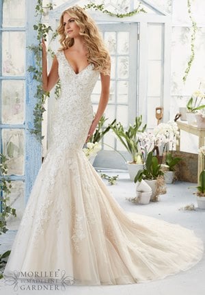 Wedding Dress - Mori Lee Bridal SPRING 2016 Collection: 2816 - Alencon Lace Appliques and Crystal Beaded Embroidery on the Net Gown Over Soft Satin  | MoriLee Bridal Gown
