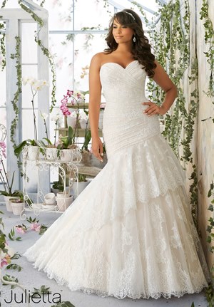 Wedding Dress - Mori Lee Julietta SPRING 2016 Collection: 3191 - Asymmetrically Draped Chantilly Lace with Scalloped Edging on the Tiered Tulle Skirt | PlusSize Bridal Gown