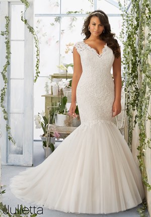 Wedding Dress - Mori Lee Julietta SPRING 2016 Collection: 3192 - Embroidered Appliqués Decorate the Tulle Mermaid Gown Over Soft Satin | PlusSize Bridal Gown