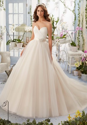 Wedding Dress - Mori Lee Blue SPRING 2016 Collection: 5408 - Asymmetrically Draped Bodice with Shoestring Straps onto the Tulle Ball Gown | MoriLee Bridal Gown