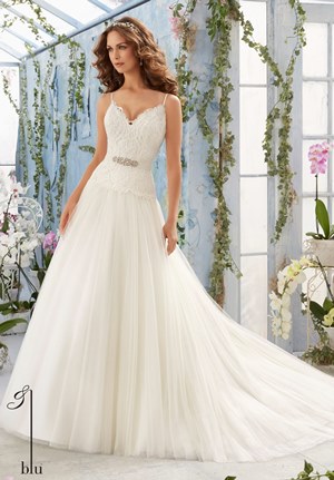 Wedding Dress - Mori Lee Blue SPRING 2016 Collection: 5411 - Embroidered Bodice with Satin Shoulder Straps on Soft Net Ball Gown | MoriLee Bridal Gown