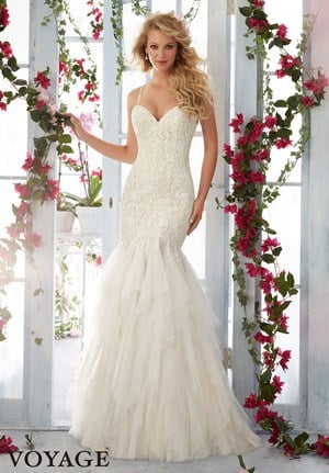 Wedding Dress - Mori Lee Voyage SPRING 2016 Collection: 6813 - Embroidered Lace Appliques on Soft Net, Flounced Gown with Shoestring Straps | MoriLee Bridal Gown