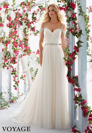 Wedding Dress - Mori Lee Voyage SPRING 2016 Collection: 6814 - Crystal Beaded Embroidered Straps on Cold Shoulder, Asymmetrically Draped Bodice with Soft Tulle Skirt and Beaded Waistband | MoriLee Bridal Gown