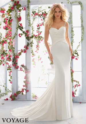 Wedding Dress - Mori Lee Voyage SPRING 2016 Collection: 6815 - Crystal Beaded Straps Support the Asymmetrically Draped Bodice on Lush Crepe | MoriLee Bridal Gown